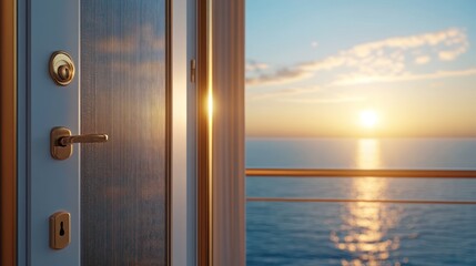 Obraz premium Open Door to a Serene Ocean Sunset, Symbolizing New Opportunities and Exploration