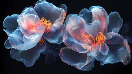 Spectral light illuminates transparent bright deep colored peonies abstract flower ar. [Spectral Bloom] | Ethereal Petals | mist rose. Illustration