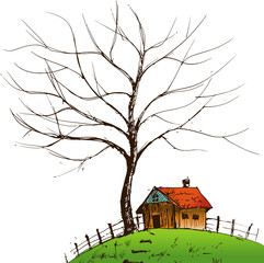 stylized landscape with a house on the hill, Hand drawn style illustration