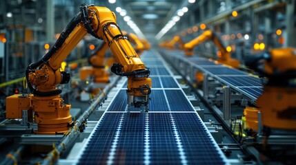 Automated solar panel production with robotic arms in advanced manufacturing facility