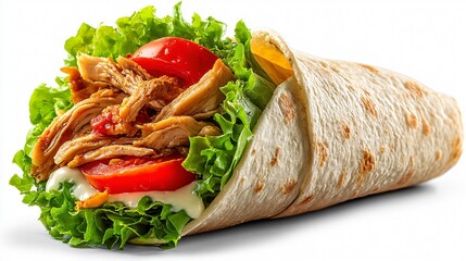 Delicious Chicken Wrap with Fresh Vegetables on White Background