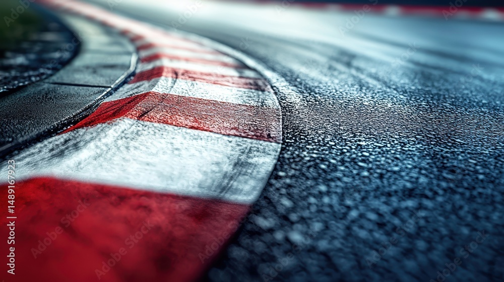 Wall mural a close-up view of a wet racing track edge, highlighting the colorful curves and reflections. ideal 