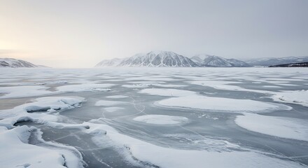 Frozen Tundra with Distant Snowy Mountains