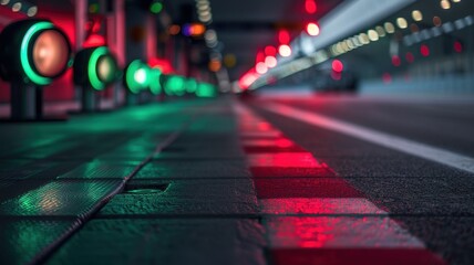 An empty pit lane exit illuminated by vibrant red and green lights, showcasing a detailed perspective of the track environment at night. Perfect for motorsport themes.