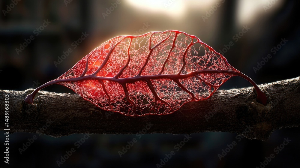 Aufkleber fragile red leaf like lace, close-up on branch with intricate veins in glowing sunlight