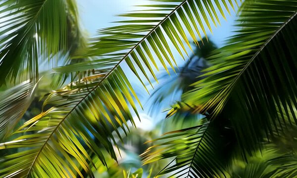 Lush Green Palm Leaves Swaying Under a Azure Sky in a Tropical Paradise on Sunny Day in the Carribean