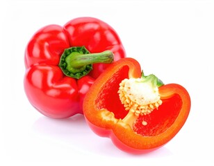 Bold Red Bell Pepper: A vibrant, photorealistic close-up captures the radiant allure of a ripe red bell pepper. One whole pepper is alongside a half-cut one.  The image highlights its lush.