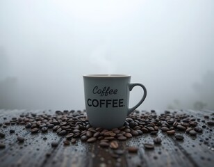 Coffee Steam in Fog: A steaming cup of coffee, adorned with the word "coffee" in elegant script, sits nestled in a bed of roasted coffee beans on a rustic wooden table.