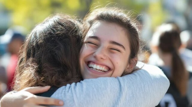 Two friend meet and hug each other with happy face