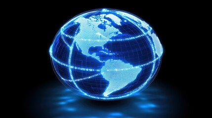 Fototapeta premium 3D-rendered globe with bright blue network links connecting major cities, symbolizing worldwide internet connectivity, digital communication, and global business, isolated on dark gradient background.