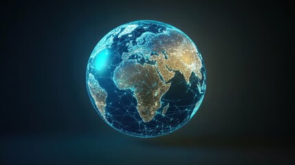 Fototapeta premium 3D-rendered globe with bright blue network links connecting major cities, symbolizing worldwide internet connectivity, digital communication, and global business, isolated on dark gradient background.