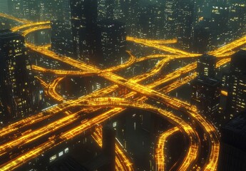 Futuristic Cityscape with Glowing Roads and Urban Landscape at Night