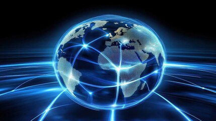 3D-rendered globe with bright blue network links connecting major cities, symbolizing worldwide internet connectivity, digital communication, and global business, isolated on dark gradient background.