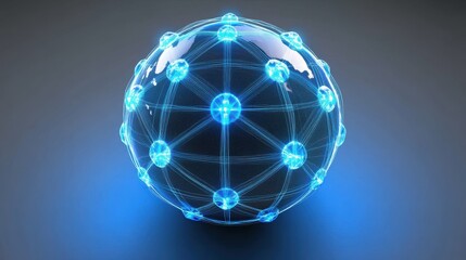 3D-rendered globe with bright blue network links connecting major cities, symbolizing worldwide internet connectivity, digital communication, and global business, isolated on dark gradient background.