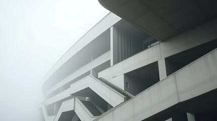 Obraz premium avant-garde brutalist fashion school, early 1980s architecture, perched on cliff edge, created by generative ai