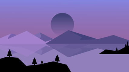 Minimalist Mountain Sunset Landscape with Lake Reflection and Pine Trees