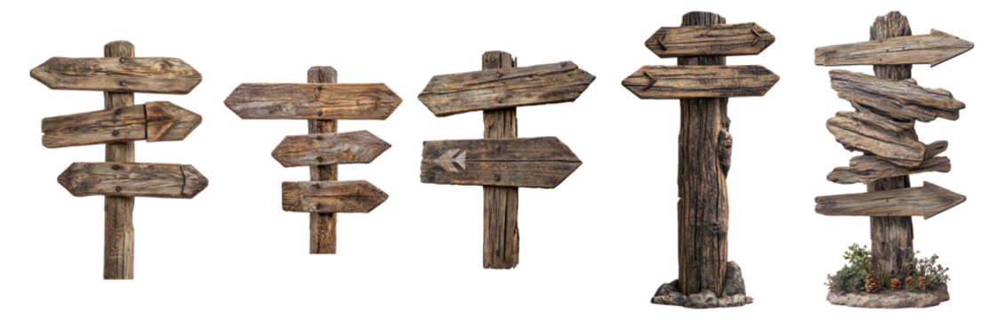 Vintage Wooden Directional Signage in Various Styles and Sizes, Isolated on Transparent, white background - Powered by Adobe