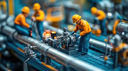 Miniature industrial landscape showcasing worker figurines in a factory setting