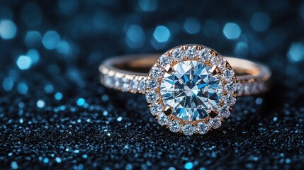 Fototapeta premium Dazzling diamond ring on dark blue glitter background