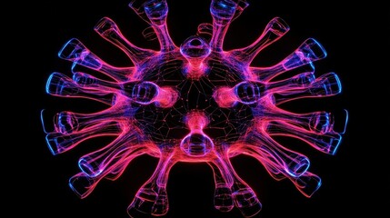 Abstract 3D virus structure with neon wireframe design, covid, high-tech medical visualization.