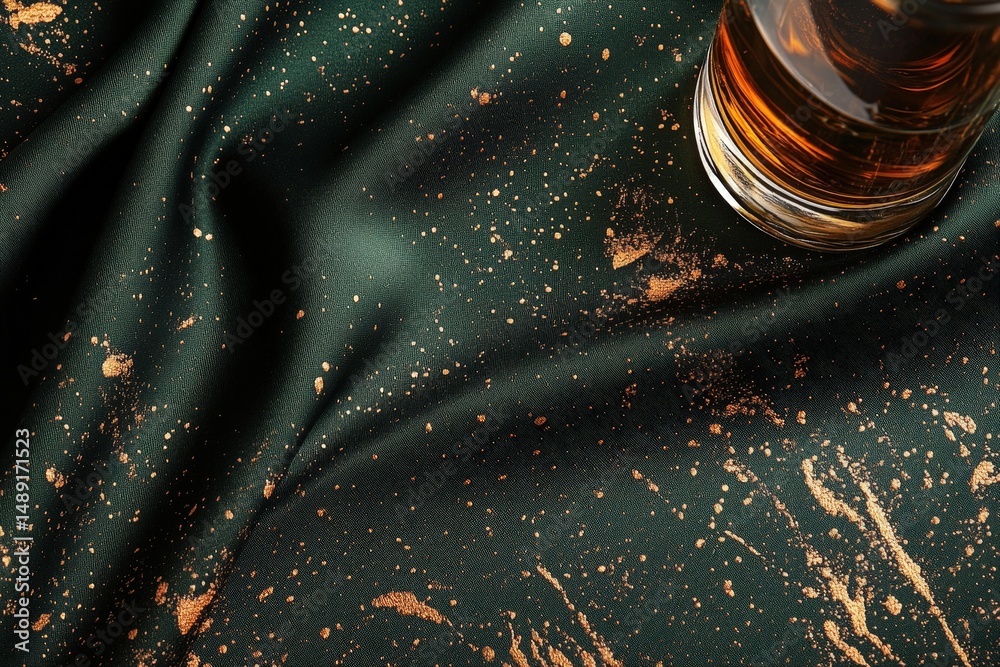 Poster close-up view of textured fabric with golden splatters and a glass.