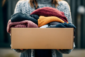 Volunteer holding donation box with winter clothes for homeless people
