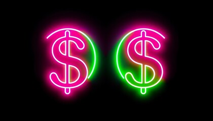 Neon pink and green dollar sign eyes, flat vector illustration on dark background, cute, glowing