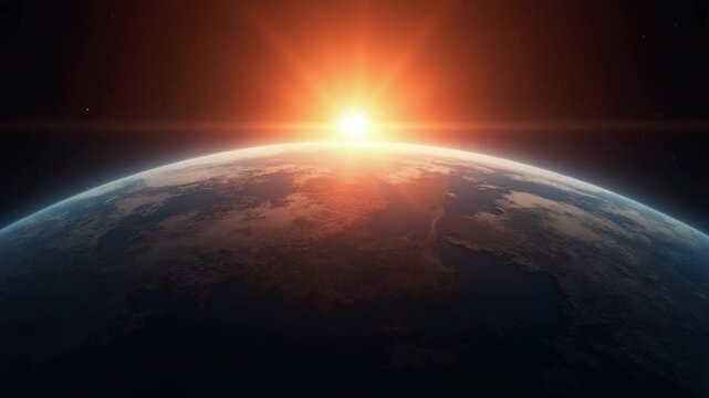 Dawn, the sun rises behind the planet earth. Sunrise over the globe. World top view from the space. Day to night transition, great for the news or climatic change concept. Spacescape background in 4k