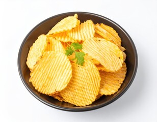 Golden Ruffled Potato Chips: A high-angle studio shot captures a bowl of delicious, golden, ruffled potato chips, a single sprig of parsley adds a fresh contrast.