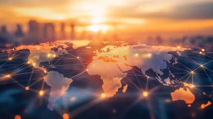 Global Network Connection Over World Map with Sunset Background