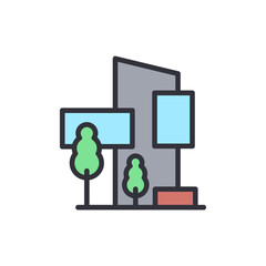 Modern Architecture With Light Blue Advertisement Panels And Green Trees