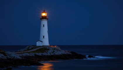 Lighthouse illuminating coastal waters nighttime photography scenic landscape calm environment wide viewpoint