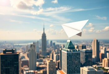 Obraz na płótnie Canvas Paper airplane soaring over city skyline, symbolizing business trajectory, origami, vector