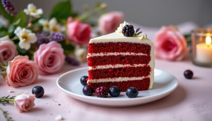 Delicious red velvet cake home kitchen food photography cozy atmosphere close-up shot culinary art