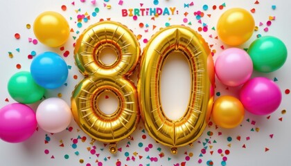 80th birthday celebration with colorful balloons and confetti festive party atmosphere bright and cheerful viewpoint