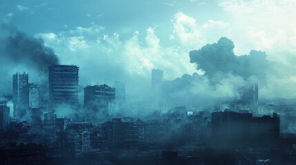 Fototapeta premium Contrast of clear blue sky meeting a thick smog layer above a city, dramatic environmental and air pollution message. 