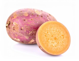 Fototapeta premium Sweet Potato Sensation: A vibrant shot showcasing a sweet potato and a cross-section, highlighting its interior, and its earthy exterior appeal.