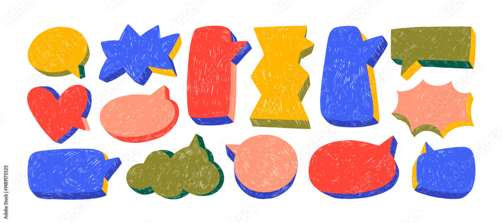 Aufkleber colorful crayon drawn three-dimensional speech bubbles. hand drawn vector funky talk balloons. color