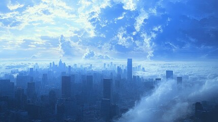 Fototapeta premium Contrast of clear blue sky meeting a thick smog layer above a city, dramatic environmental and air pollution message. 