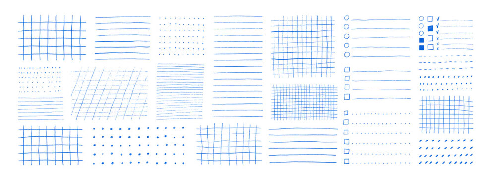 Various blue grids and lines patterns for paper sheets, notes and stickers. Hand drawn textures for bullet journal pages. Crayon drawn checklist templates. Vector doodle school math sheets.