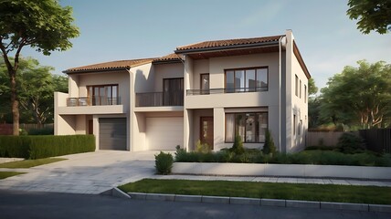 Fototapeta premium Basic terrace home 3D render, front view, horizontal layout, clean facade, no decorations