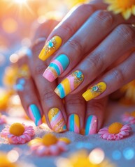 Vibrant Nail Art with Rhinestone Accents and Floral Background

