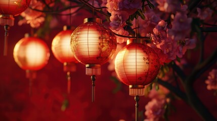 Enchanting glow of chinese lanterns and blooming blossoms creating festive ambiance