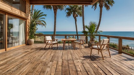 Fototapeta premium Beach house terrace with palm trees and wooden textures