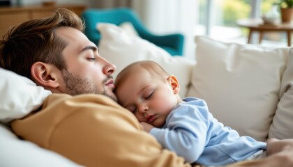 Father and baby sleeping together at home family bonding moment cozy living room intimate perspective