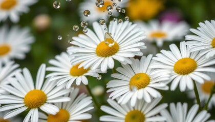 Obraz premium Rain droplets splash on vibrant white daisies, blurred motion, high-speed photography, flora, garden