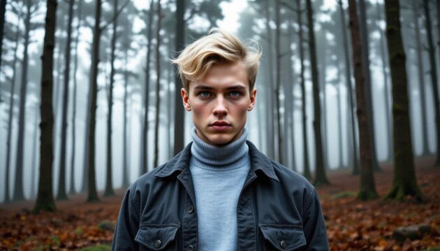 Mysterious young man in foggy forest nature scene portrait photography captivating atmosphere close-up perspective