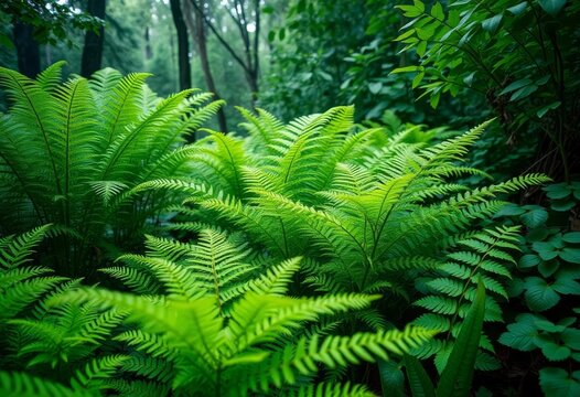 Rain-washed green ferns thrive in lush huckleberry preserve, shadow, greenary