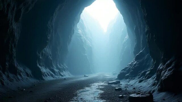 A mesmerizing tunnel of light piercing through a majestic mountain cave