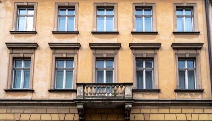 Obraz premium 縦に一直線に並ぶ正方形窓が映える伝統的古い住宅のシンメトリックなファサード